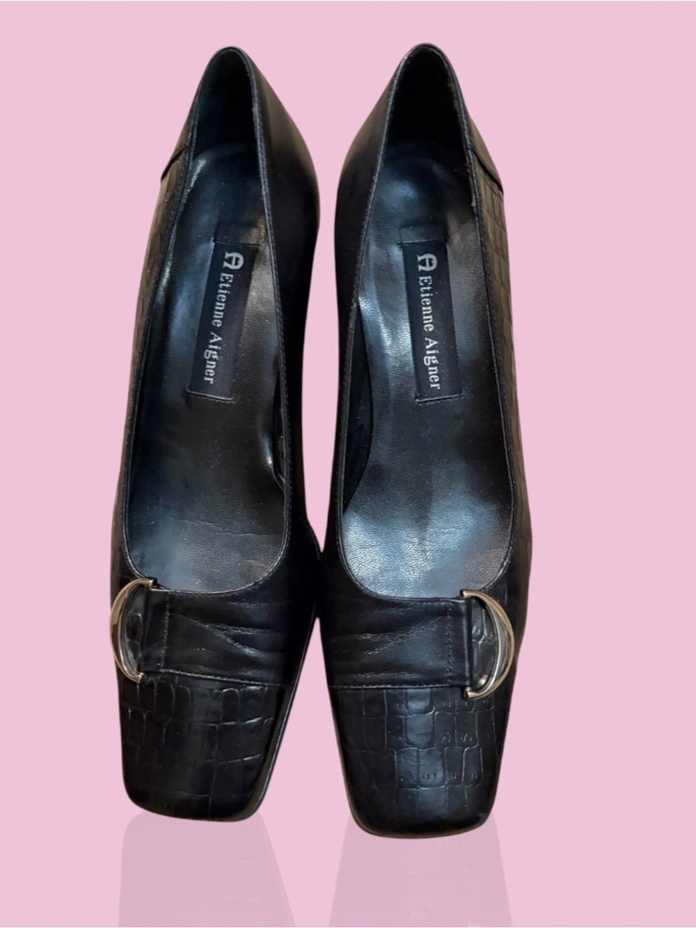 Etienne Aigner Black Croc-Embossed Pumps with Gold Buckle